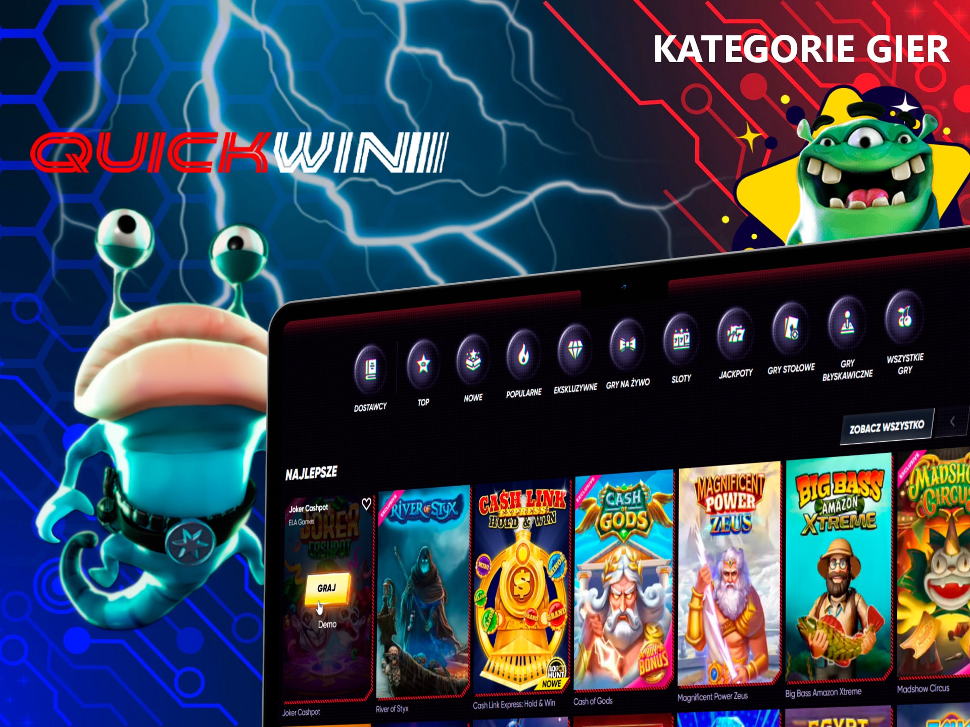 Dostępne kategorie gier na stronie QuickWin Casino